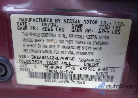 2004 Nissan Sentra 2.5S z USA, uszkodzony, nr VIN 3N1AB51A24L742060